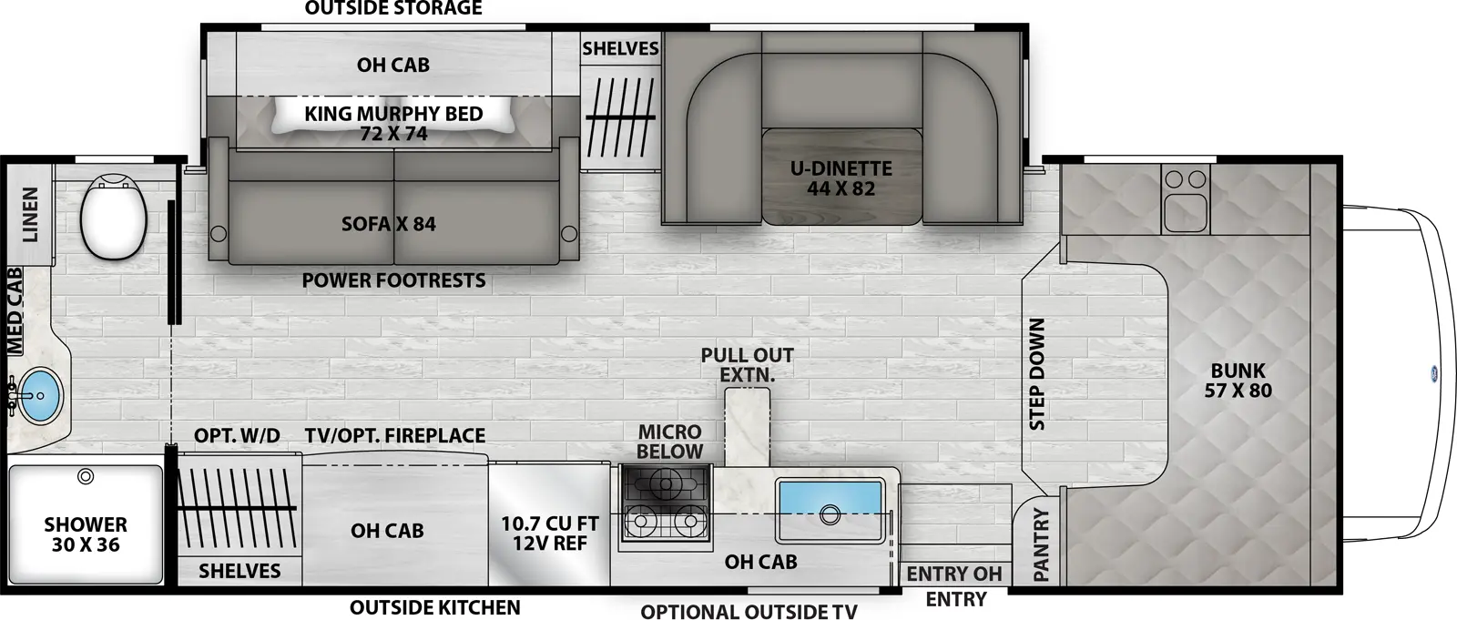 The Freelander 26MB has one entry and one slide out. Exterior features include: 19' awning, outside entertainment and outside kitchen. Interiors features include: murphy bed, rear bathroom, bunk over cab, u-dinette and LATCH system.